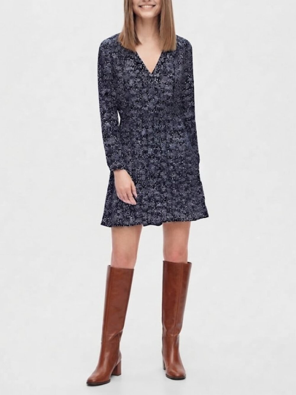 Gap Navy Ditsy Floral V-Neck Cinched Waist Long Sleeve Dress Size S